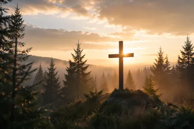 Wooden Cross at Evergreen Sunrise
