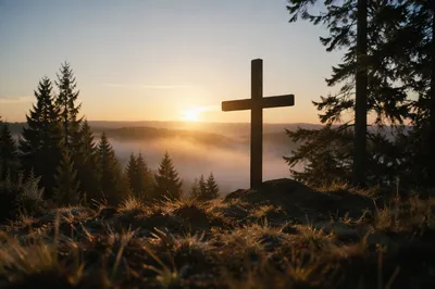 Wooden Cross at Evergreen Sunrise