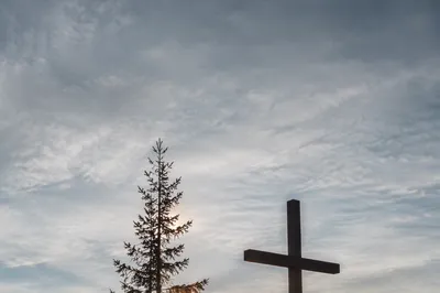 Wooden Cross Silhouette at Evergreen Sunrise