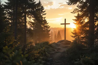Wooden Cross Silhouette at Evergreen Sunrise