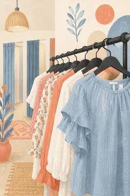 Boutique Clothing Rack with Pastel Blouses