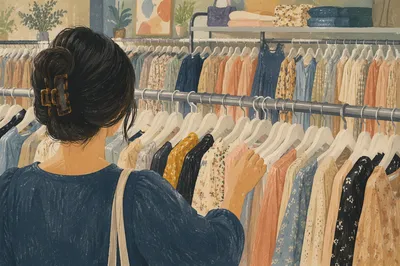 Shopper Browsing Packed Clothing Rack