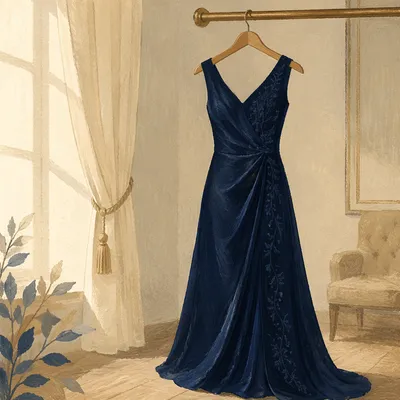 Elegant Midnight Blue Dress on Hanger