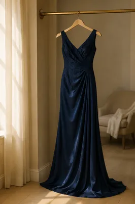 Elegant Midnight Blue Dress on Hanger