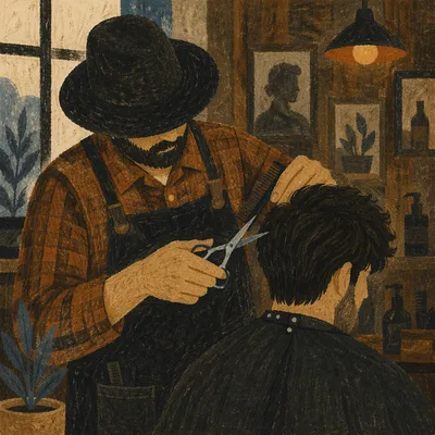 Moody Hairdresser Trimming Client in Salon