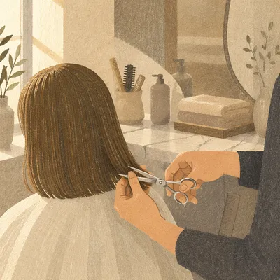 Elegant Salon Hair Trim With Silver Scissors