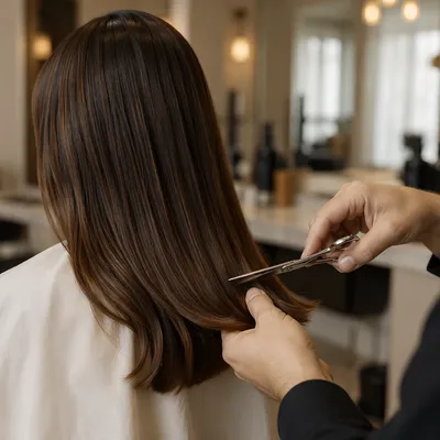 Elegant Hair Stylist Trimming Glossy Chestnut Hair