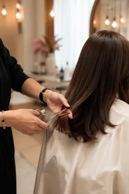 Elegant Hair Stylist Trimming Glossy Chestnut Hair