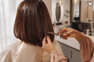 Elegant Hair Stylist Trimming Glossy Chestnut Hair