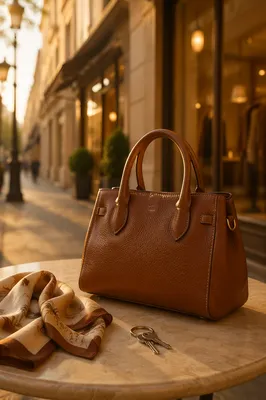 Elegant Leather Handbag on Cafe Table