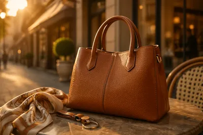 Elegant Leather Handbag Close-Up at Golden Hour
