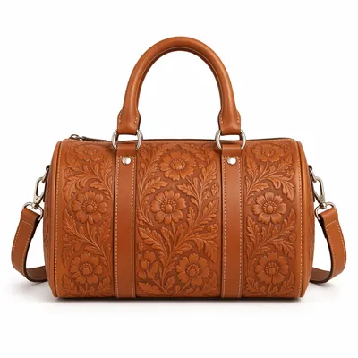 Luxury Caramel Leather Handbag with Floral Embossing