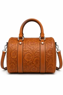 Luxury Caramel Leather Floral Embossed Handbag