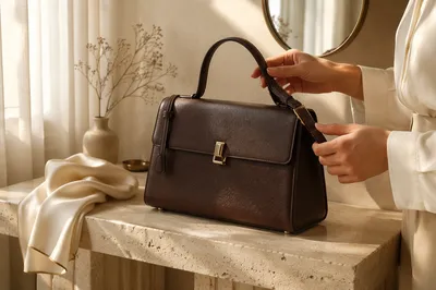 Espresso Leather Handbag in Morning Light