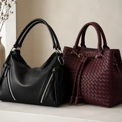 Luxury Leather Handbags on Cream Tabletop