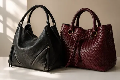Luxury Leather Handbags on Cream Boutique Table