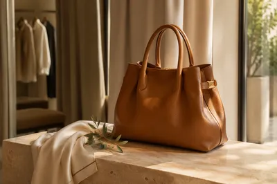 Caramel Leather Handbag in Boutique Morning Light