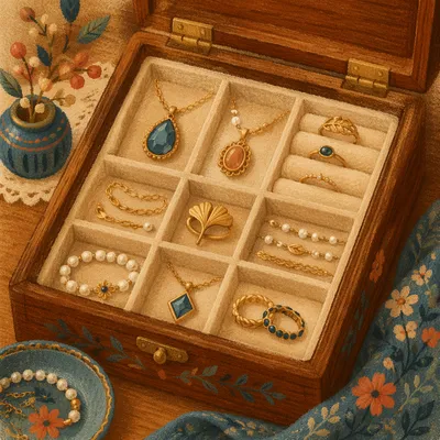 Elegant Gold Jewelry in Wooden Box