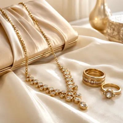 Elegant Gold Necklace and Rings Still Life