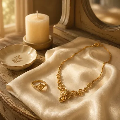 Elegant Gold Necklace and Ring on Ivory Silk