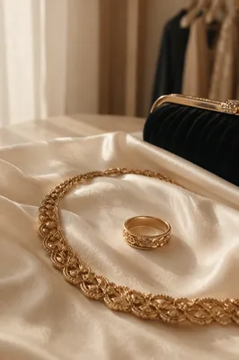 Elegant Gold Necklace and Ring Still Life