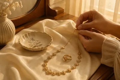Elegant Gold Jewelry on Cream Silk