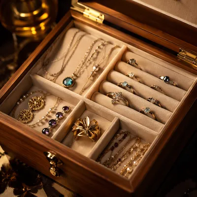 Elegant Gold Jewelry in Wooden Box