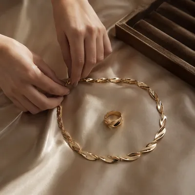 Elegant Gold Necklace and Ring Still Life