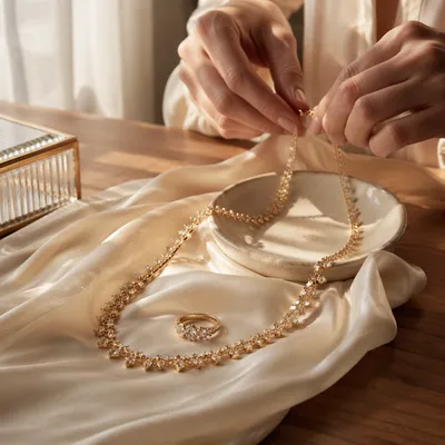 Elegant Gold Necklace and Ring on Silk