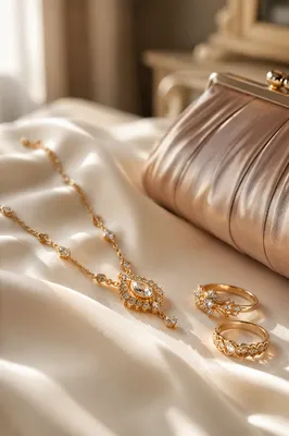 Elegant Gold Necklace and Rings Still Life