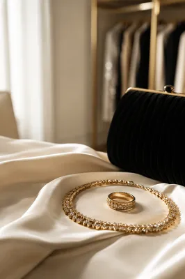 Elegant Gold Necklace and Ring Still Life