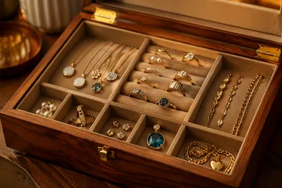 Elegant Gold Jewelry in Wooden Box