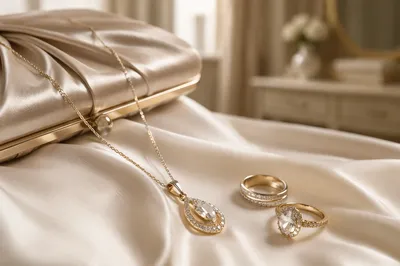 Elegant Gold Necklace and Rings on Silk