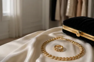 Elegant Gold Necklace and Ring Still Life