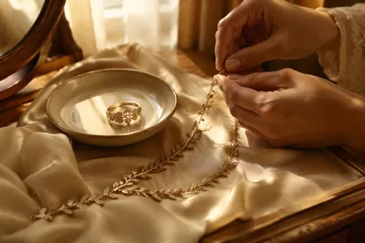 Elegant Gold Necklace and Ring on Silk