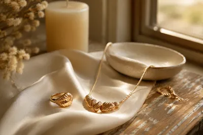 Elegant Gold Necklace and Ring on Silk