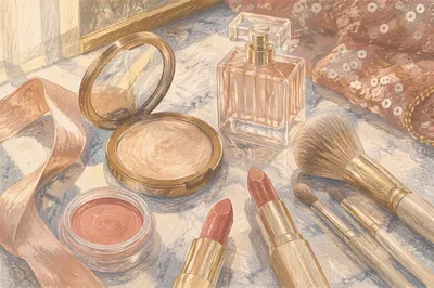Elegant Makeup Vanity Flat Lay Close-Up
