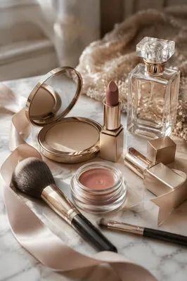 Elegant Makeup Vanity Flat Lay Close-Up