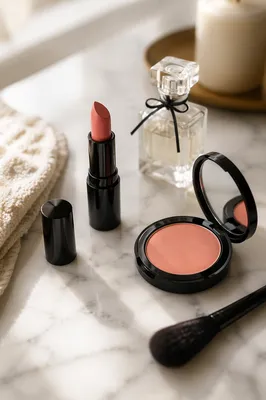 Luxury Makeup Flat Lay on Marble Vanity