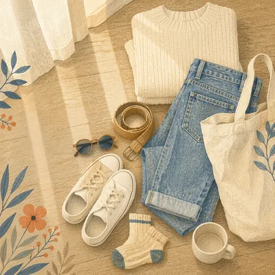 Casual Outfit Flat Lay on Oak Floor