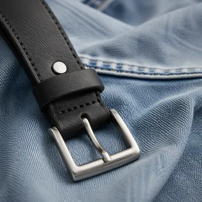 Black Leather Belt on Denim Flat Lay