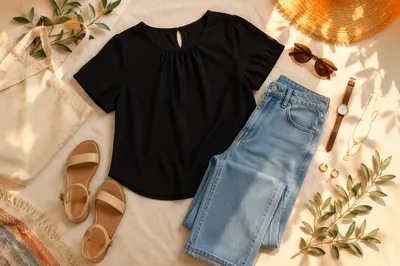 Casual Outfit Flat Lay with Black Blouse