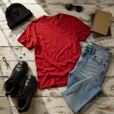 Casual Weekend Outfit Flat Lay on Wood