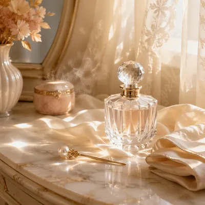 Elegant Crystal Perfume on Ivory Silk