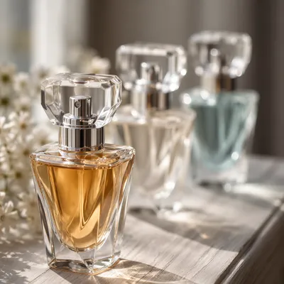 Elegant Amber Perfume Bottles on Pale Wood