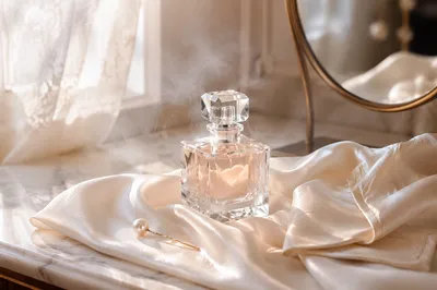 Elegant Crystal Perfume on Ivory Silk