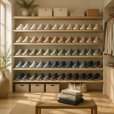 Organized Sneaker Collection on Minimalist Shelves