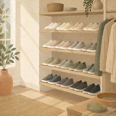 Organized Sneaker Collection on Minimalist Shelves