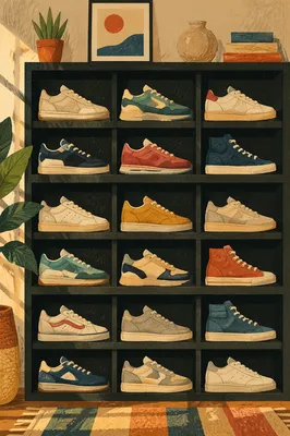 Organized Sneaker Collection on Black Shelves
