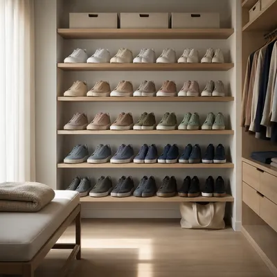 Organized Sneaker Collection on Minimalist Shelves